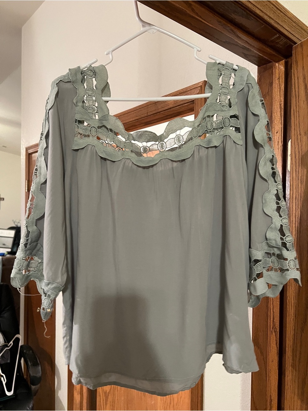 Main Strip Sage Green Crochet-Trim Off-Shoulder Blouse